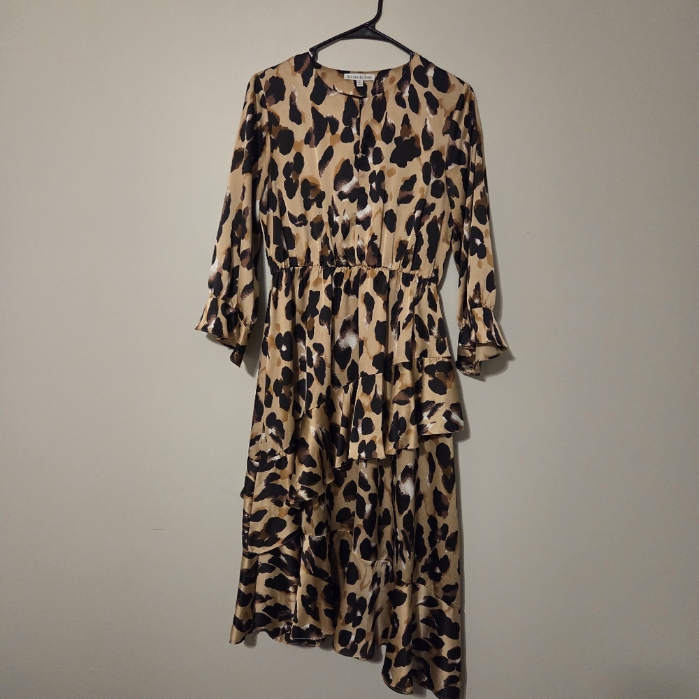 Leopard Print Tiered Midi Dress - Beige/Black